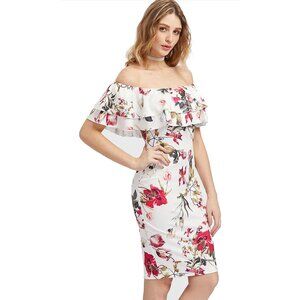 🍒 2/$20 🍒Women's Ruffled Off Shoulder Neckline Body Con Floral Dress sz Medium